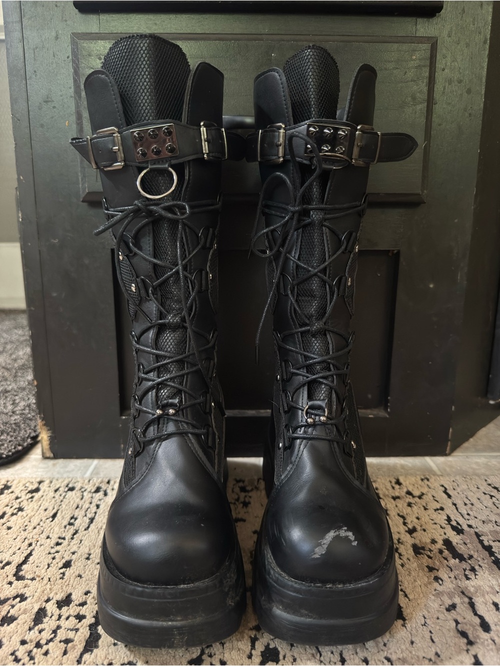 Black Platform Lace-Up Combat Boots with Buckle Accent